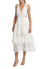 Tiered Eyelet Lace Midi Dress In White