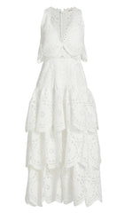 Tiered Eyelet Lace Midi Dress In White